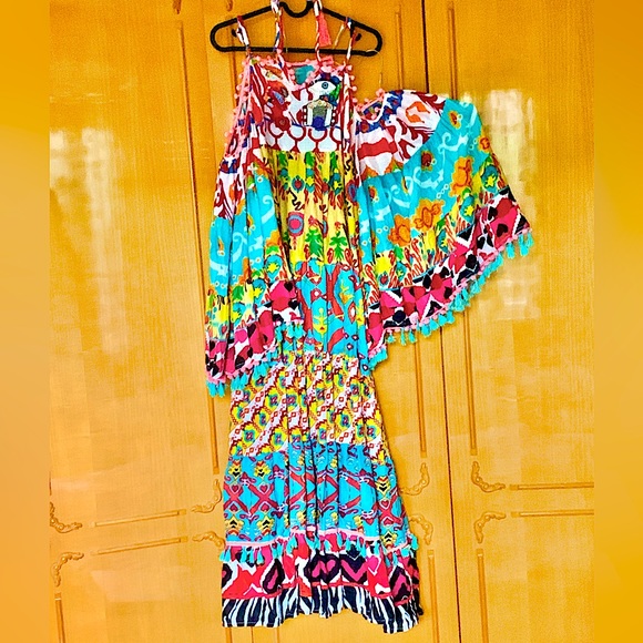 NWT Colorful Boho Maxi Dress ANTICA SARTORIA GIACOMO CINQUE beads tassel evileye